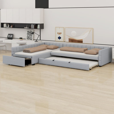 L-Shaped Upholstered Daybed with Trundle Bed & Storage Drawer