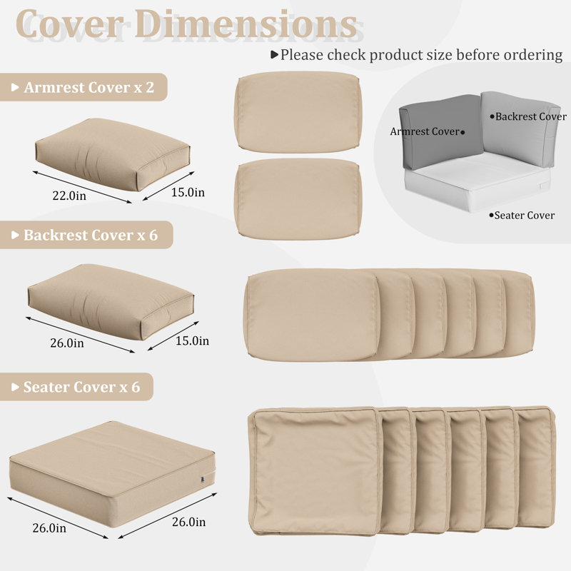 14 Pcs Outdoor Cushion Slipcovers All-Weather Patio Cushion Covers For Outdoor Furniture, Covers Only, Beige