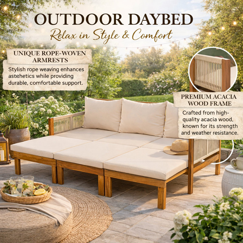 Lit de jour de patio en bois d'acacia de 73,2 po de largeur avec coussins, Brun