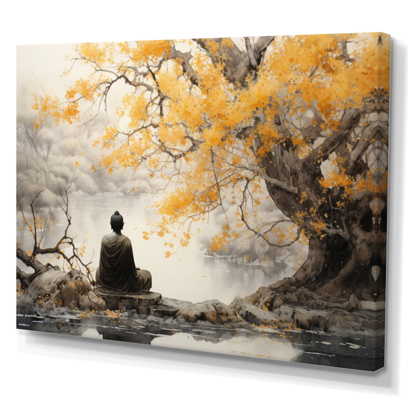 Grey And Yellow Buddhism Enlightened Path II Framed On Canvas Print, 34" H x 44" W, Wrapped Canvas, No Frame