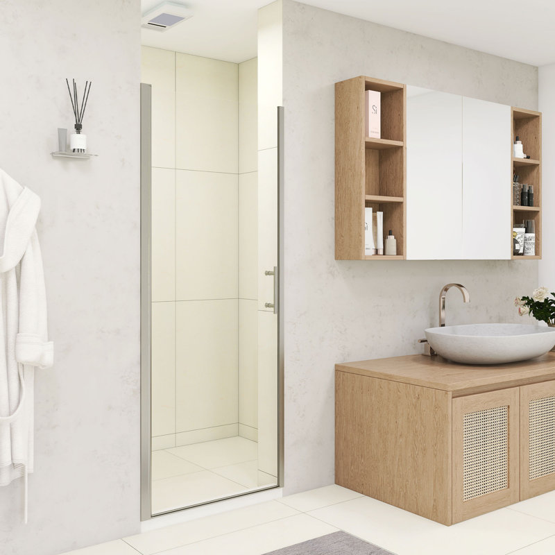 30" W × 72" H Pivot Shower Door – 1/4"(6Mm) Tempered Glass With Explosion-Proof Film, Stainless Steel Handle, Brushed Nickel Aluminum Half Frame, Modern Minimalist Design
