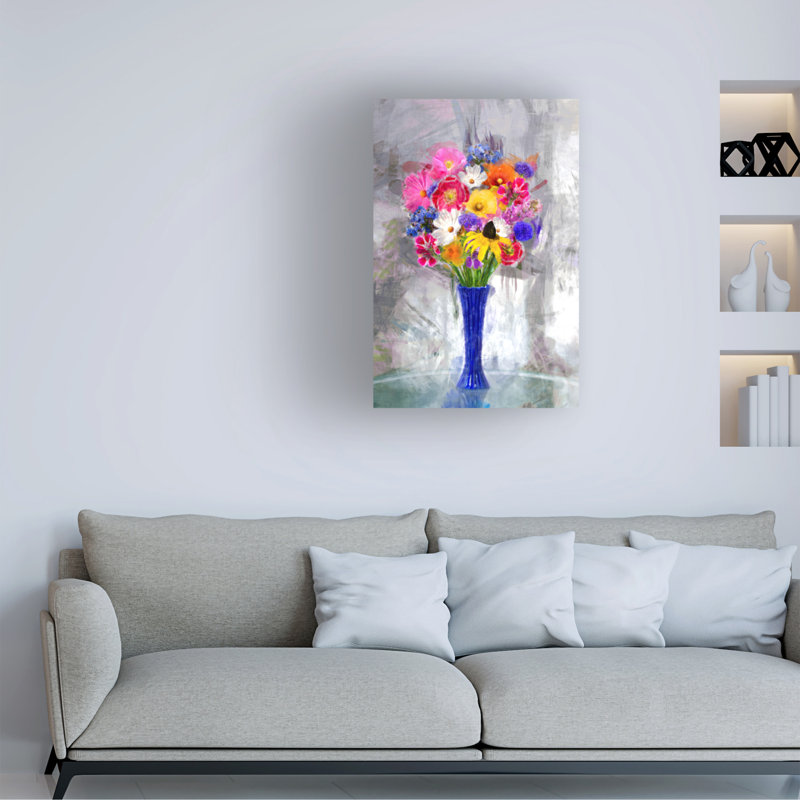 Œuvre sur toile dans un vase bleu, H 16 po x l 24 po