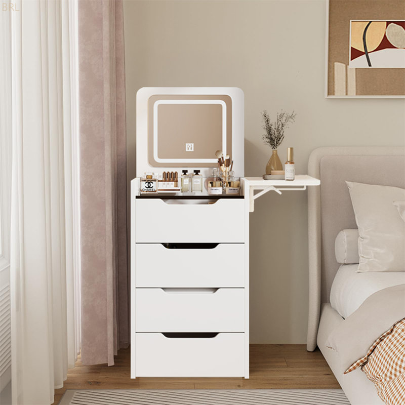 Bureau de maquillage avec panneau caché et station de charge, ensemble de coiffeuse 3 en 1 avec 3 tiroirs, coiffeuse compacte avec tabouret caché, bureau de coiffeuse avec miroir et lumières