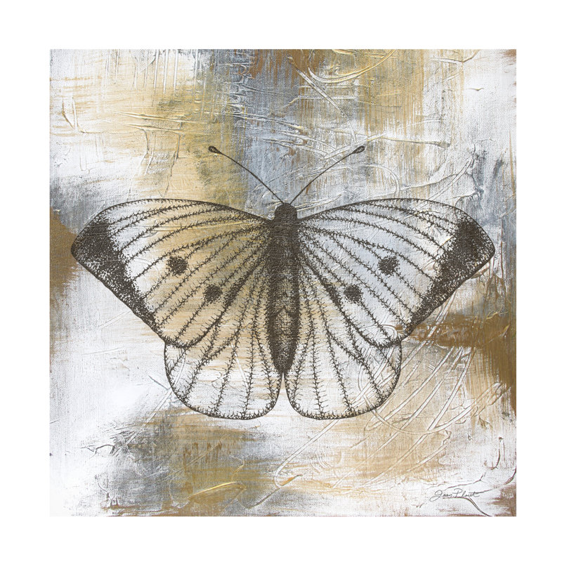 «Izaskun Jean Plout», art texturé sur toile papillon doré et gris, H 14 po x l 14 po x P 2 po