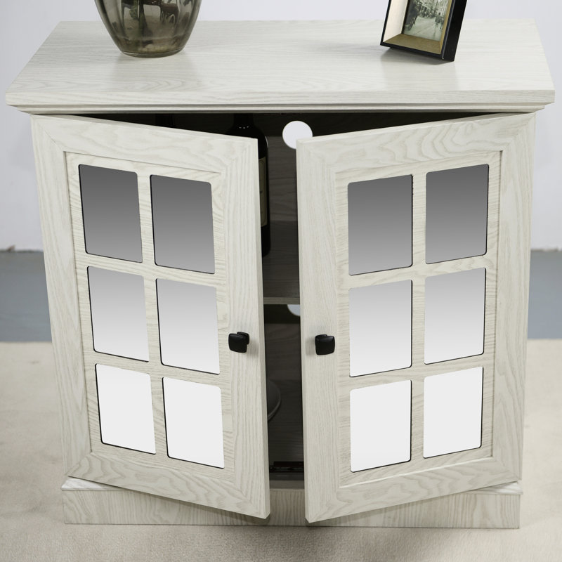 Buffet de rangement avec tablette réglable, 2 portes en miroir, grain de bois blanc 3D, pour les repas, la cuisine, la salle de séjour, les poignées en métal