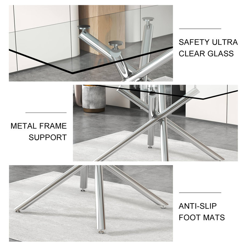 Modern Minimalist Rectangular Glass Dining Table With Sturdy Metal Legs For Various Spaces