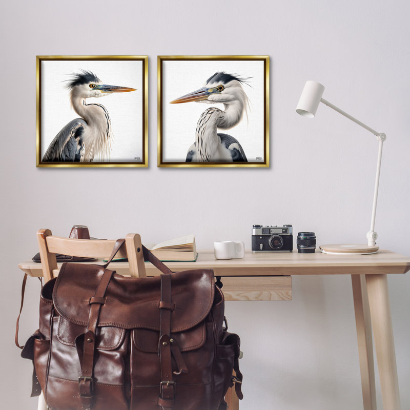 «Young Heron Birds», ensemble de 2 toiles flottantes encadrées par Roozbeh Bahramali, Cadre flottant métallique doré