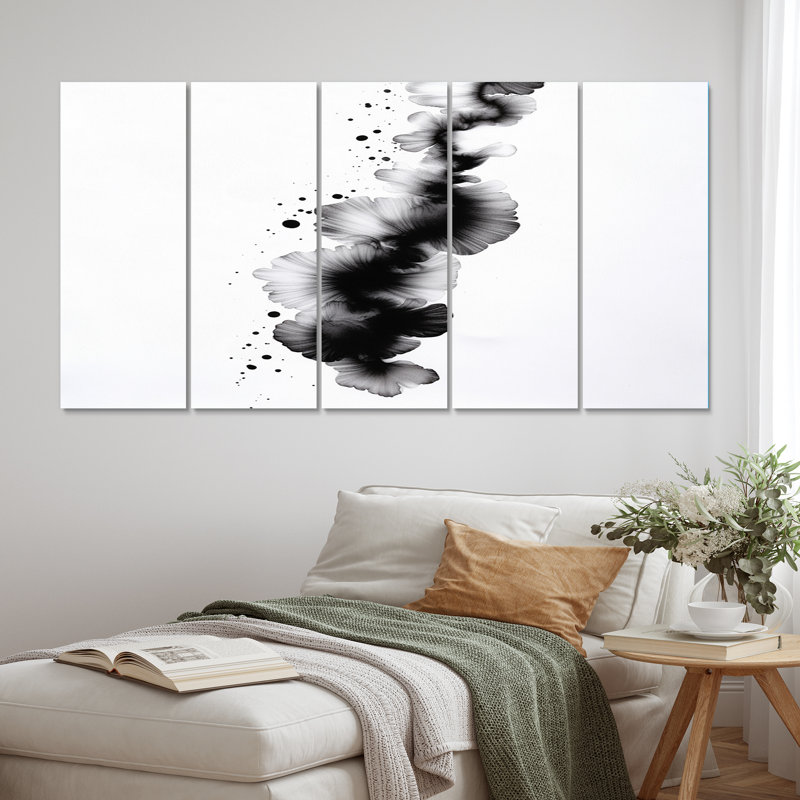 Sub l'encre monochromatique symphonique - art mural abstrait sur toile - 5 panneaux égaux