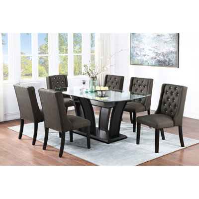 Chaises de salle à manger modernes à oreilles de 2, housse en polyfibre noir cendré et fabrication en bois d'hévéa, bouton, finition foncée pour tissu d'ambiance, cadre de cuisine