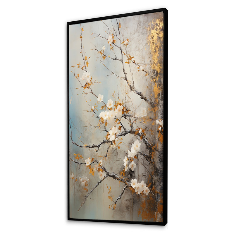 Oiseaux blancs sur un arbre floral I - oiseau, art mural, Cadre flottant noir, H 60 po x l 28 po x P 1,5 po