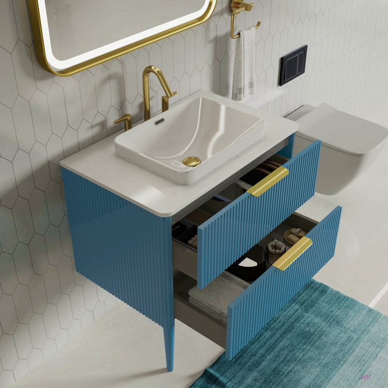 Meuble-lavabo 30 po rayé aigue-marine avec lavabo en céramique, meuble-lavabo autoportant pour salle de bain moderne, pré-assemblé