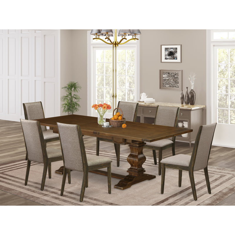 Ensemble de table de salle à manger 7 pièces composé d'une table rectangulaire en bois avec rallonge amovible et 6 chaises rembourrées en tissu kaki foncé, noyer antique