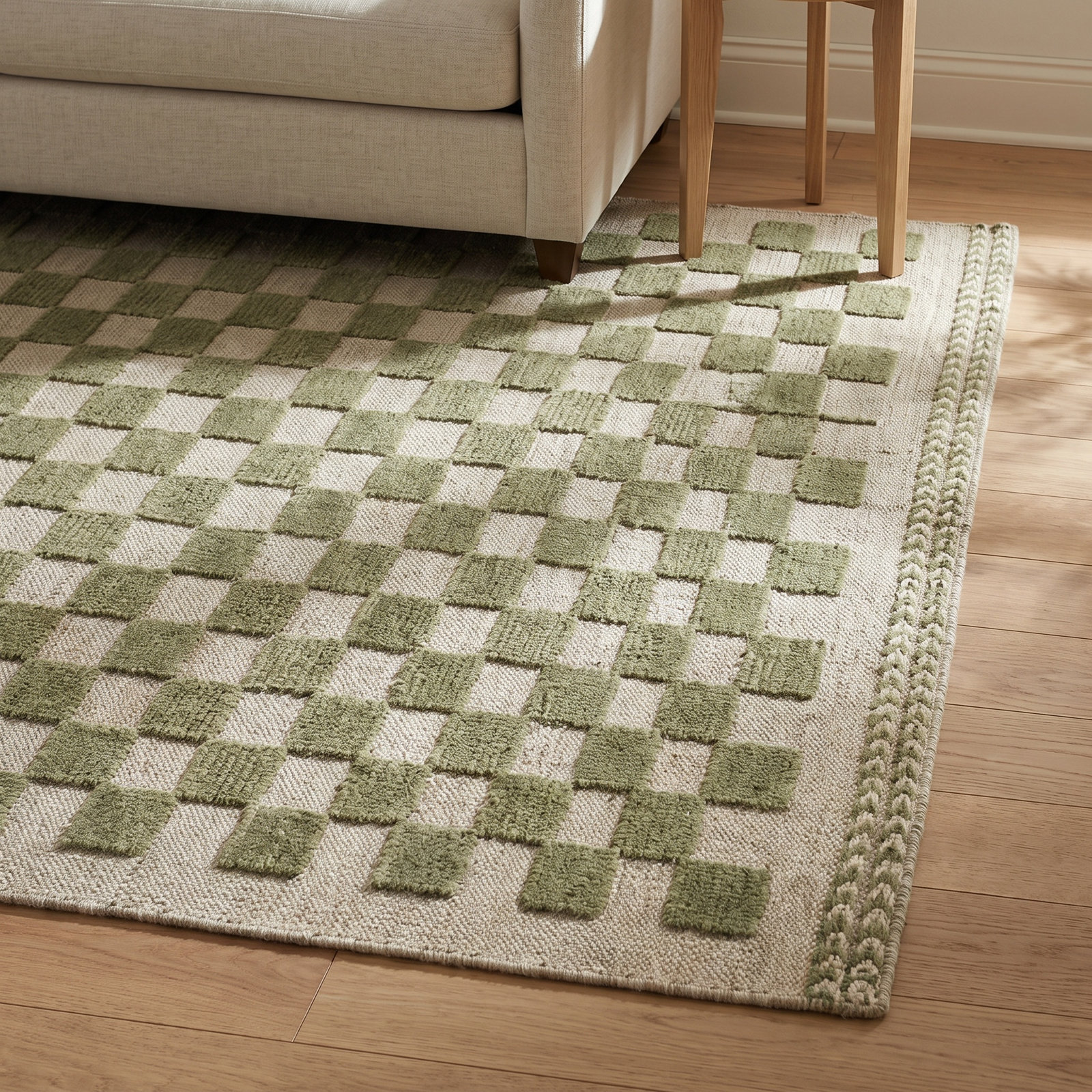 Rafaela Hand-Woven Checkered Wool Rug, Rectangle 6'3" x 9'