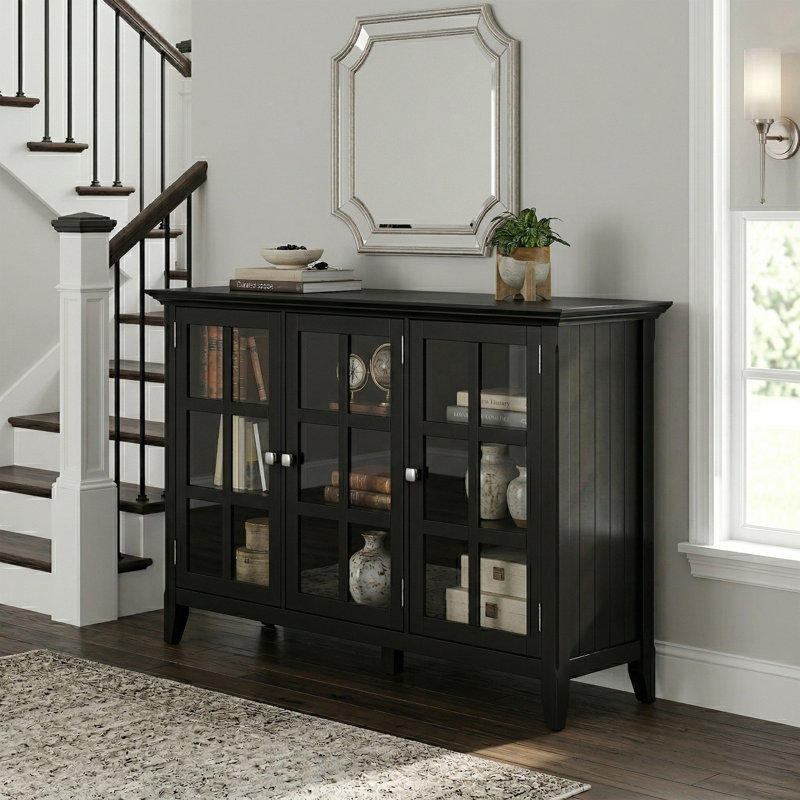 Acadian 62"W Solid Wood Transitional Storage Cabinet with Glass Doors and Adjustable Shelves, Black