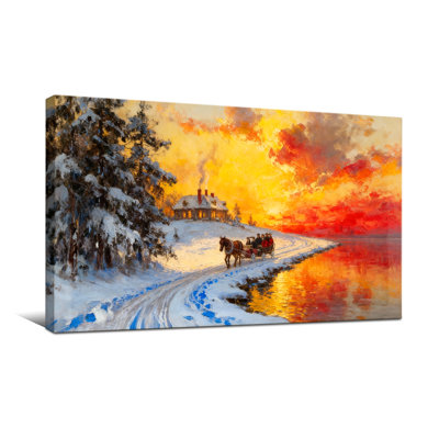 Noël, coucher de soleil, hiver, paysage enneigé, calèche