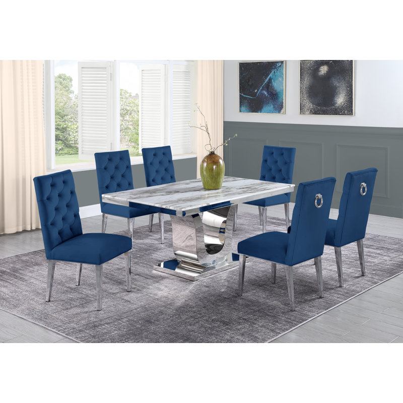 Ensemble de salle à manger Mcnamara, Blanc/argenté, 7, Bleu / Argent