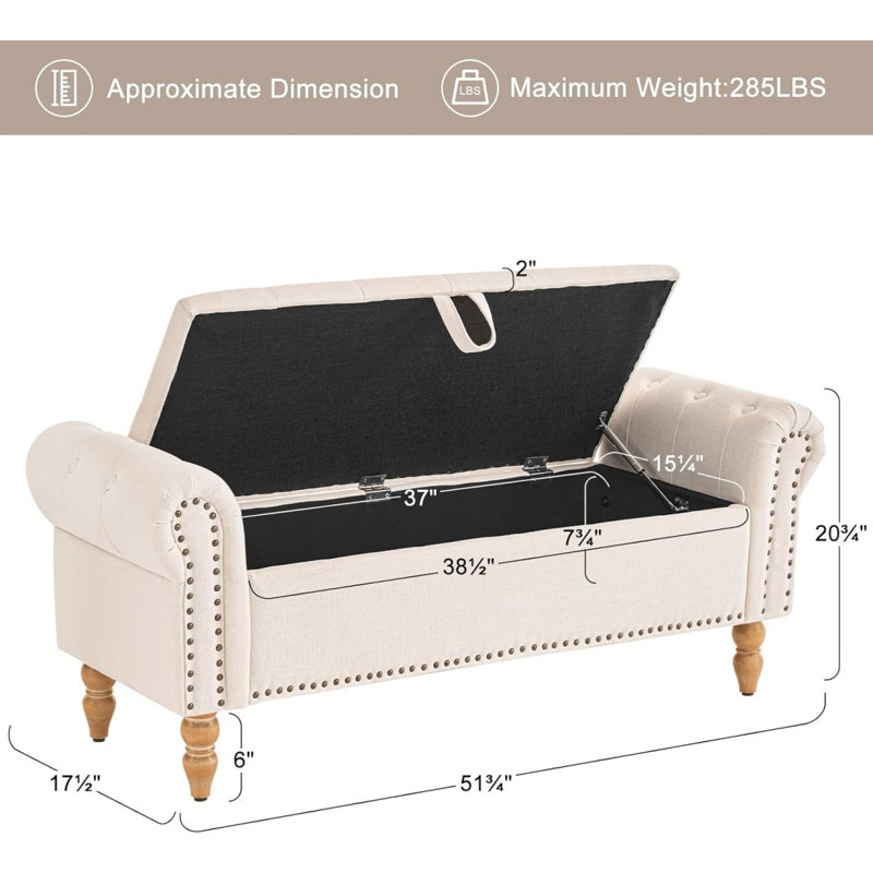 51” Storage Benches, End Of Bed Bench With Button-Tufted Large Upholstered Storage Ottoman Linen Window Bench With Storage Shoe Cabinet Bench, For Bedroom, Entryway, Closet, Beige
