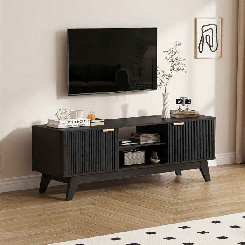 Meuble télé cannelé, console multimédia avec tablettes réglables et prise de courant, meuble audio-vidéo Mid-Century, 57 po