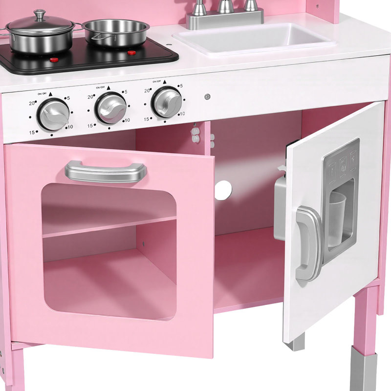 Play Kitchen for Kids, Wooden, Kids Kitchen Playset with Real Lights & Sounds, Food & Cookware, Pretend Play Toy Set, Microwave, Oven, Clicking Knobs, for Toddlers, Girls & Boys Ages 3-8, Pink