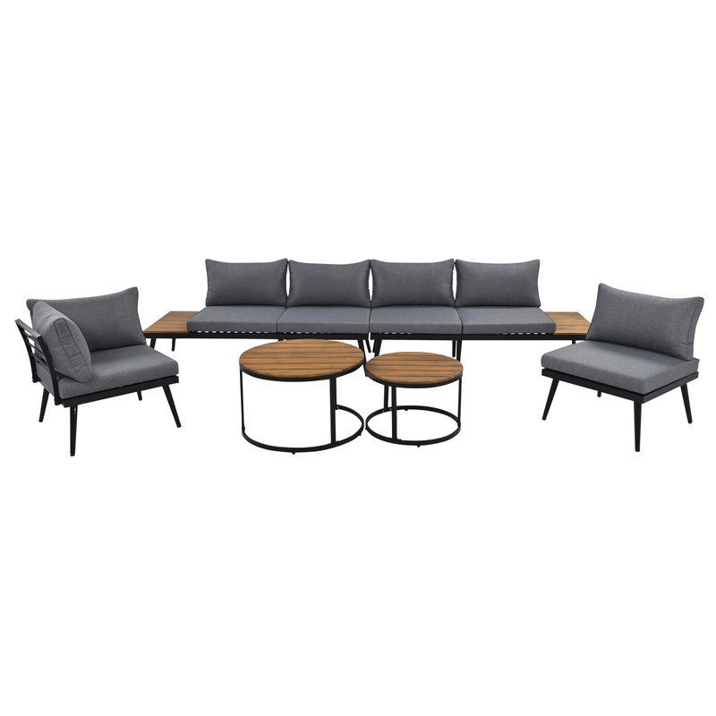 6-Piece Outdoor Sectional Sofa Set with Round Nesting Coffee Tables and Cushions, Patio Furniture for Porch Garden or Backyard