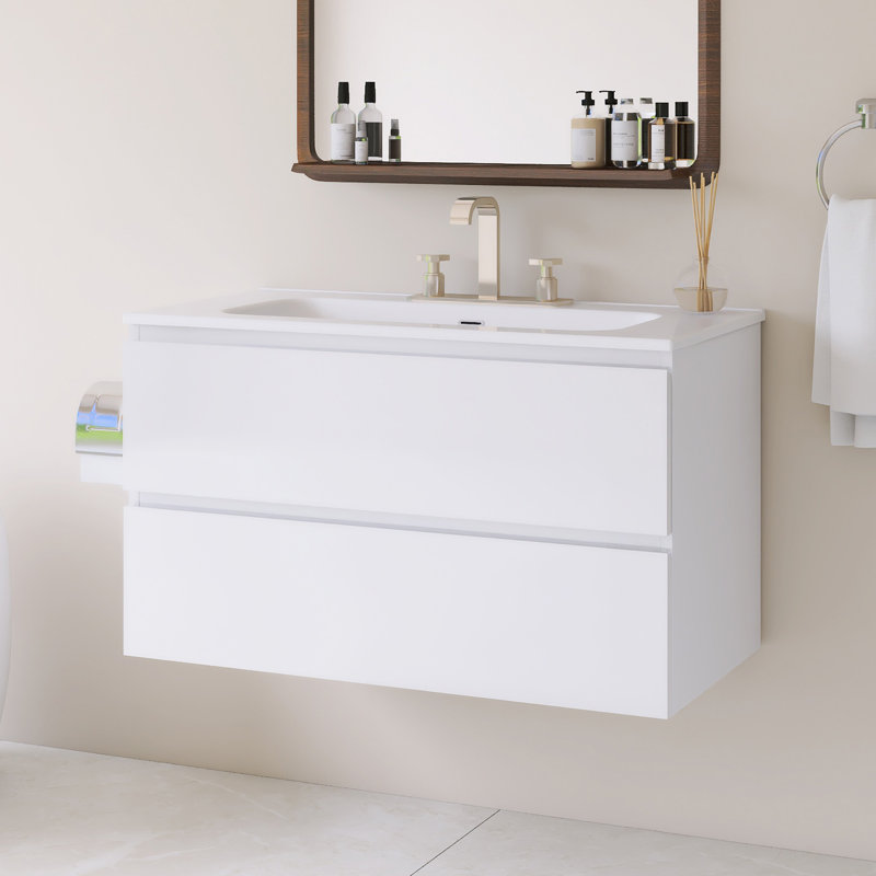 Wall Mounted Single Bathroom Vanity With White Ceramic Integrated Top, White, 36"