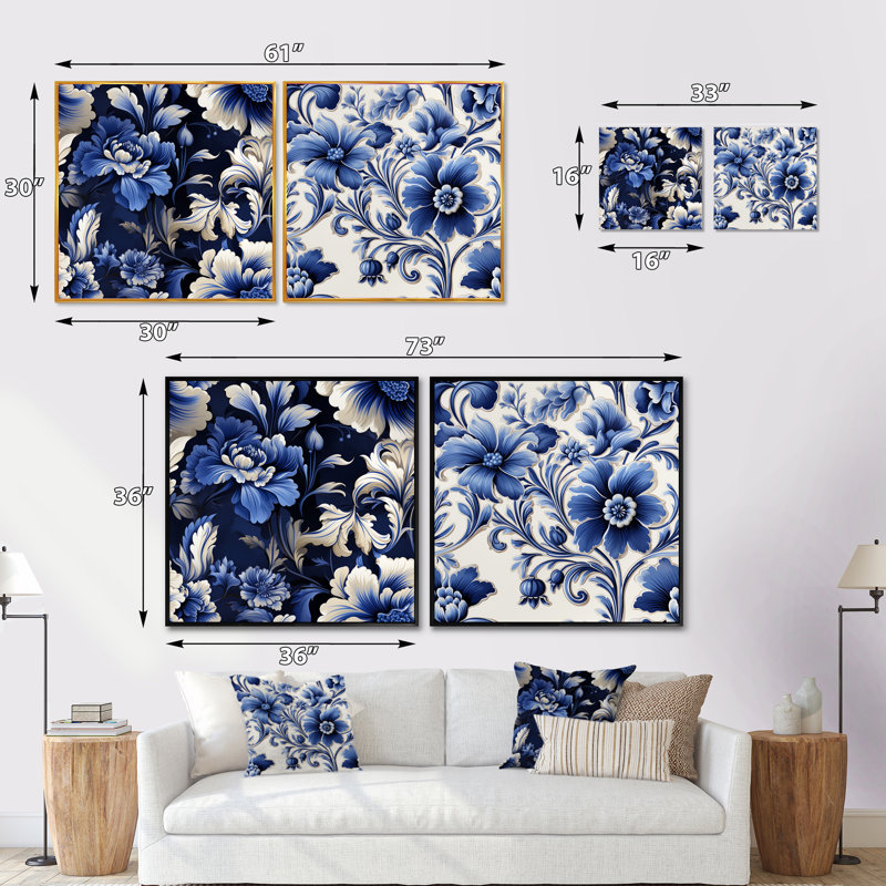 Cobalt bleu victorien néo-gothique à motif victorien, Toile tendue, H 16 po x l 33 po