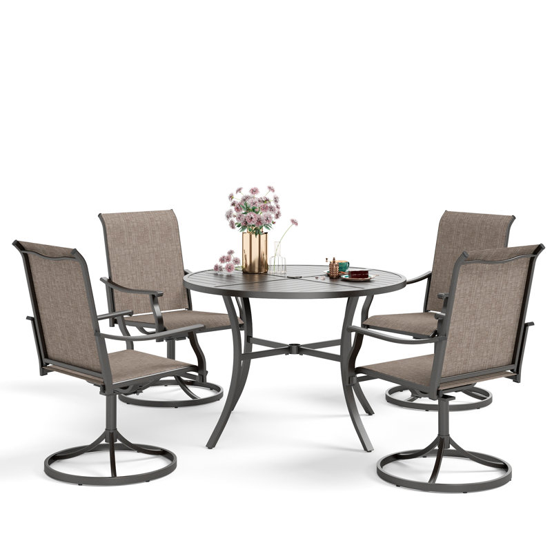5pcs Round Outdoor Patio Dining Set Table With Sling Chairs