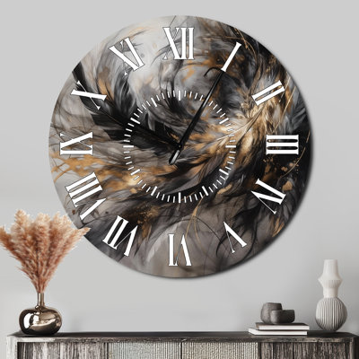 Gold And Black Expressions Of Freedom I - Boho Feather White Face Wall Clock
