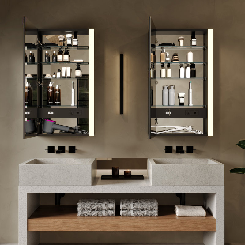 Pharmacie moderne à DEL de 24 po x H 40 po avec miroir, anti-buée, prises de courant et tablettes réglables, Noir mat