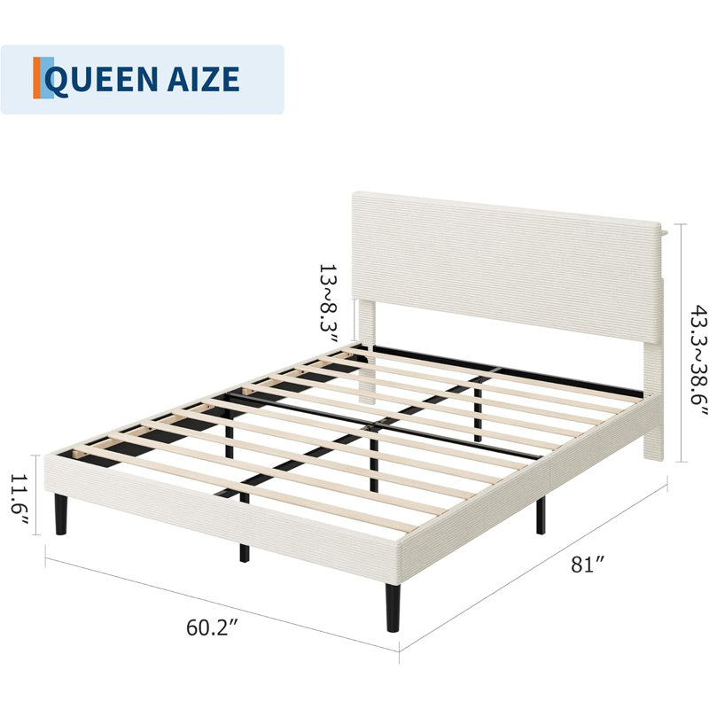 Upholstered Platform Bed Frame with USB Charging Station, Adjustable Storage Headboard, Wooden Slats Support, No Box Spring Needed