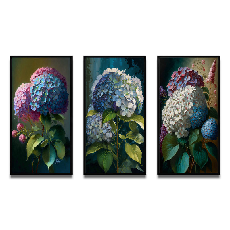 «Hydrangea Bouquet Retro Illustration», 3 pièces, Cadre flottant noir, H 20 po x l 36 po