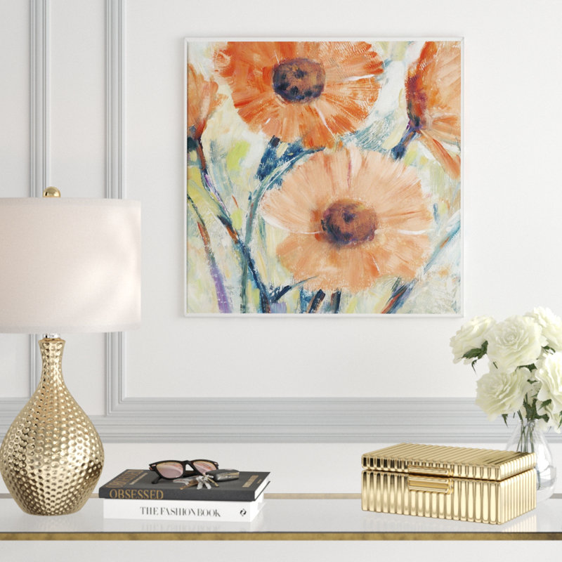 «Flowers in Bloom II», peinture sur toile, H 31,7 po x l 31,7 po x P 1,75 po, Cadre flottant blanc