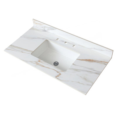43 Inch Marble Vanity Top, Bathroom Vanity Top With Undermount Rectangular Middle Sink And 4" Height Backsplash, Pre-Drilled 8 Inch Faucet Hole Spread Vanity Top, Carrara White With Veins