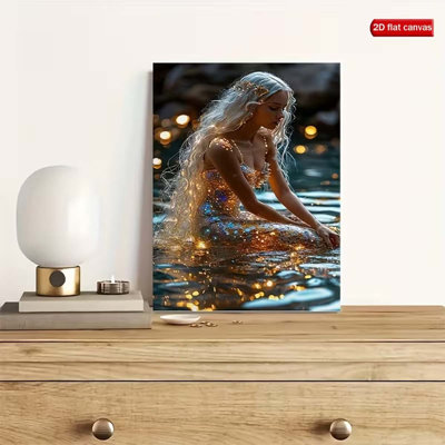 24*16，1pc Glistening Mermaid Canvas Painting - Shimmering Mermaid Wall Art with Recycled Wood Frame, Vibrant Blue & Golden Scales, Intricate Underwater Hair & Tail Details.
