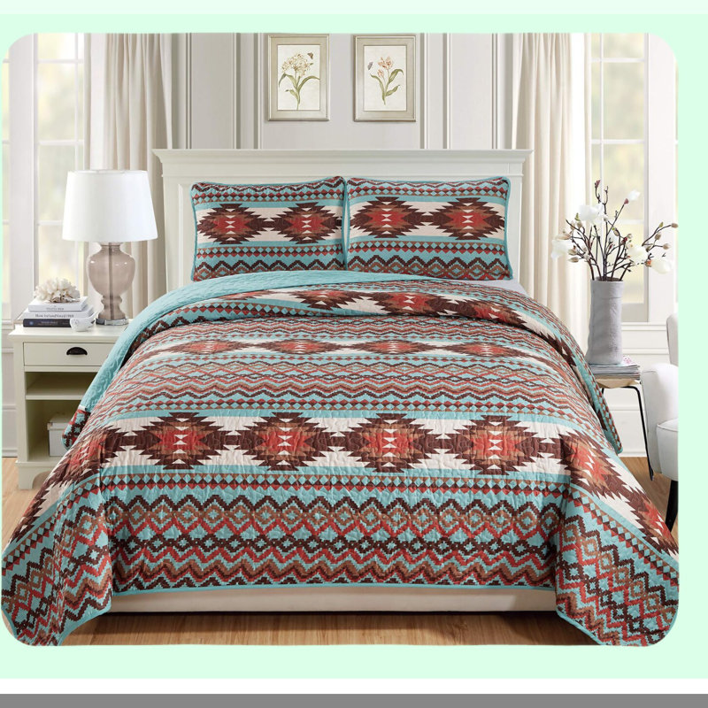 Turquoise Desert Dream Quilted Bedspread Set - Southwestern Tribal Patterns, Rustic Western Style Bedding for Beds