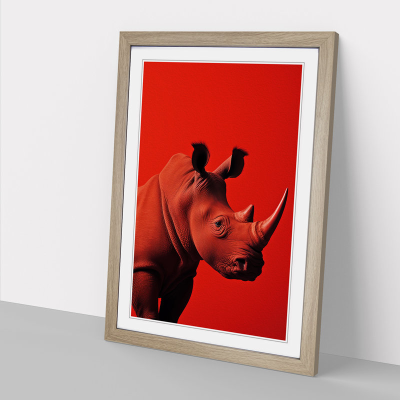 Rhino Minimalism Art - Framed Print, 46cm H x 34cm W x 2cm D, Oak Framed