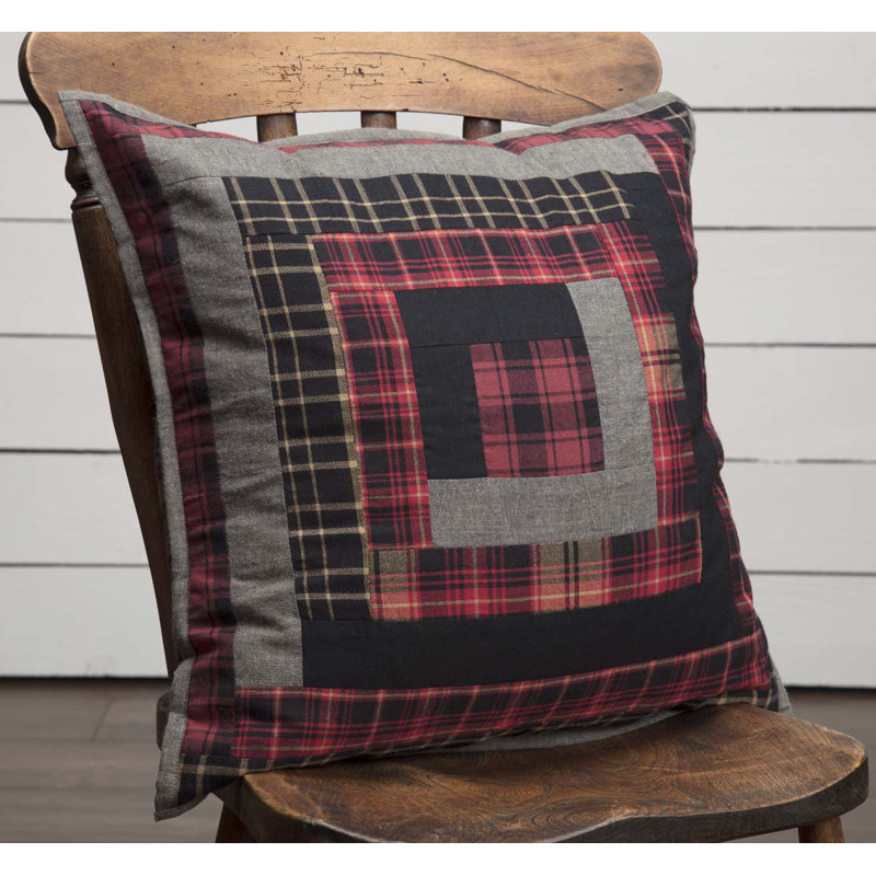 Cumberland Patchwork 18" Square Cotton Pillow in Red and Black