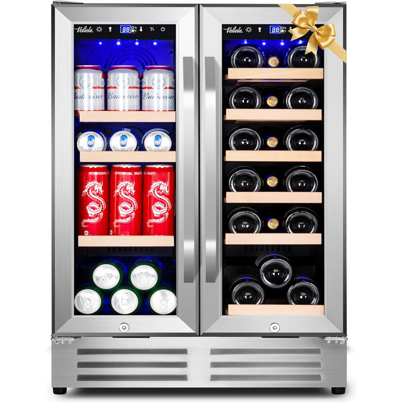 Réfrigérateur à vin et à boissons, réfrigérateur à deux zones de 24 pouces avec porte en verre, refroidisseur intégré avec système puissant et très frais / 18 bouteilles et 88 canettes de boissons
