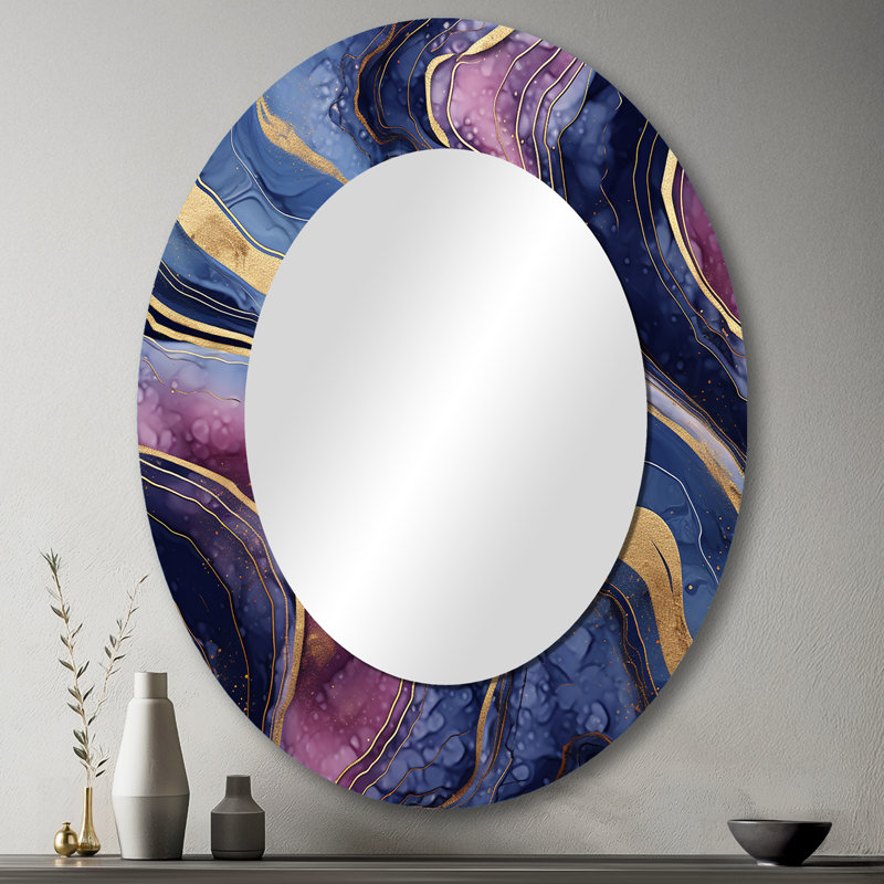 Miroir mural moderne bleu et doré à motif abstrait en marbre Essence III, 43 po x 33 po