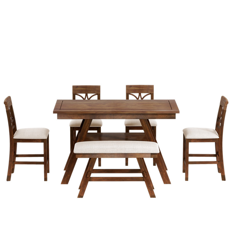 Ensemble de table de salle à manger à hauteur de comptoir en bois 6 pièces avec tablette de rangement Topmax, Noyer
