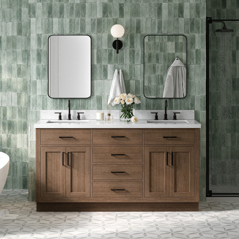 Thornaby 66'' Solid Wood Double Bathroom Vanity with 1.5'' Carrara Marble Top, Rectangular, Brown Oak / Matte Black