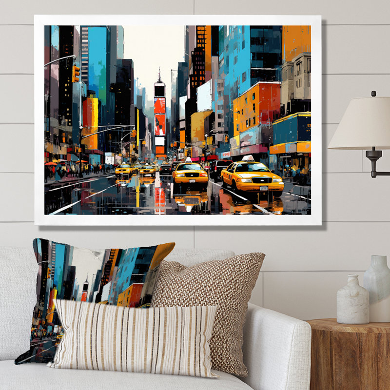 Jaune sarcelle jaune - New York, Cadre simple blanc, H 30 po x l 40 po x P 1,5 po