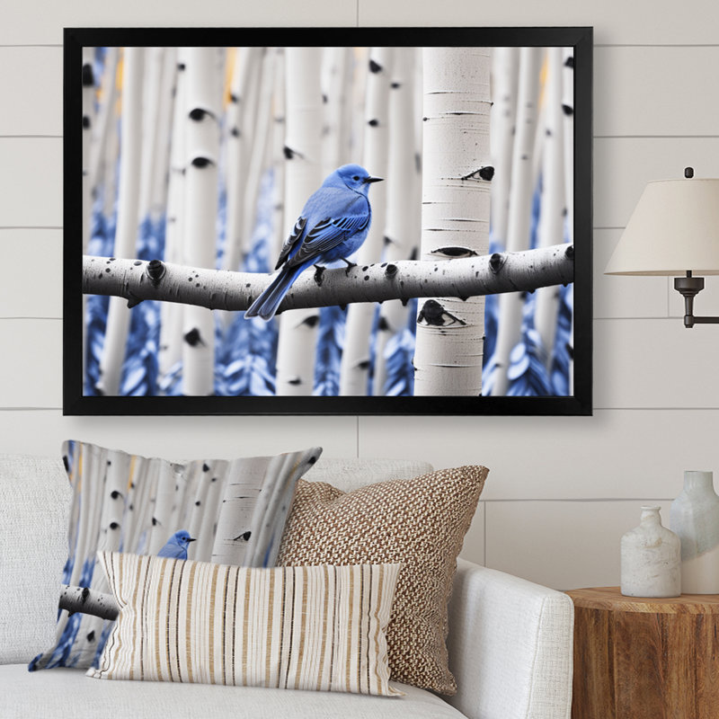 Markeis - oiseau bleu gris en forêt I - impression, H 24 po x l 32 po x P 1 po, Cadre simple noir