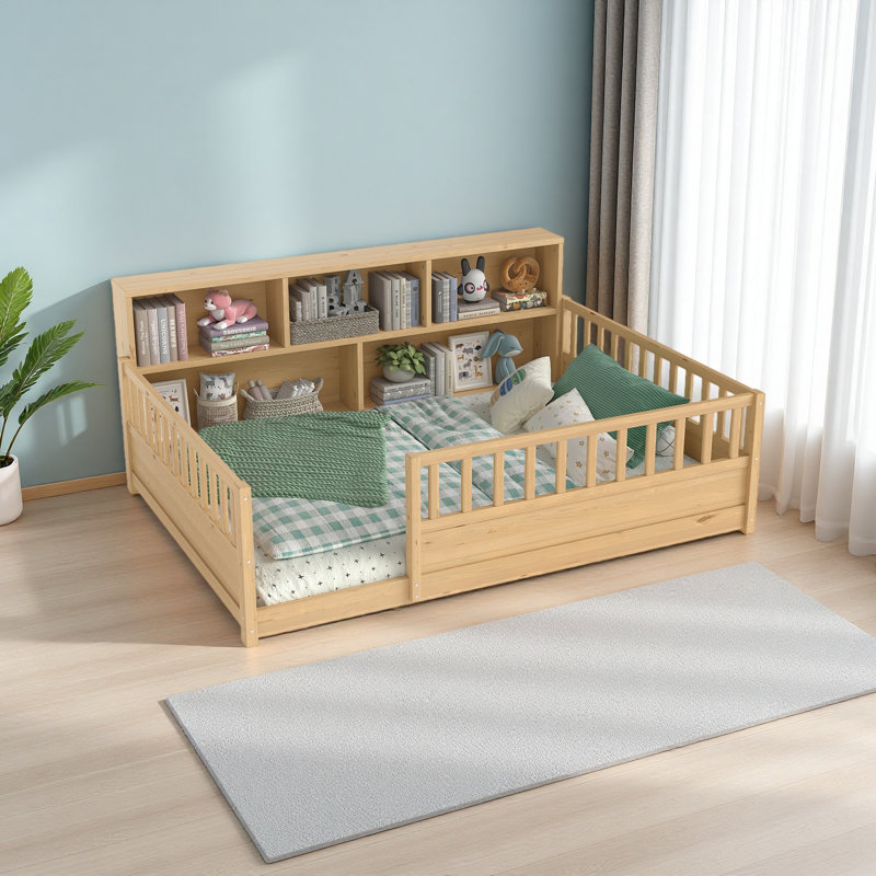 Lit en bois avec garde-corps de clôture et fonction de rangement latéral, Lit double, Naturel