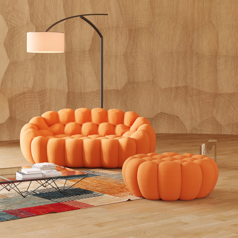  Kayi 79.53" Upholstered Loveseat Pumpkin-shaped Compression Sofa With Ottoman, No Assembly Required, Orange