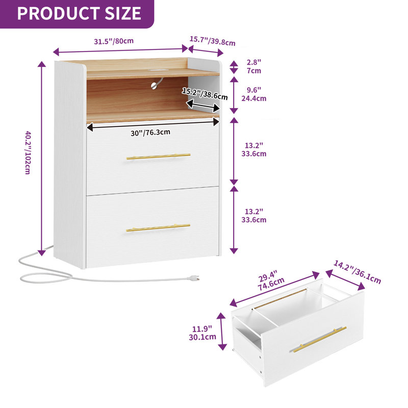 31.5'' W 2 Drawers File Cabinet With Charging Station
