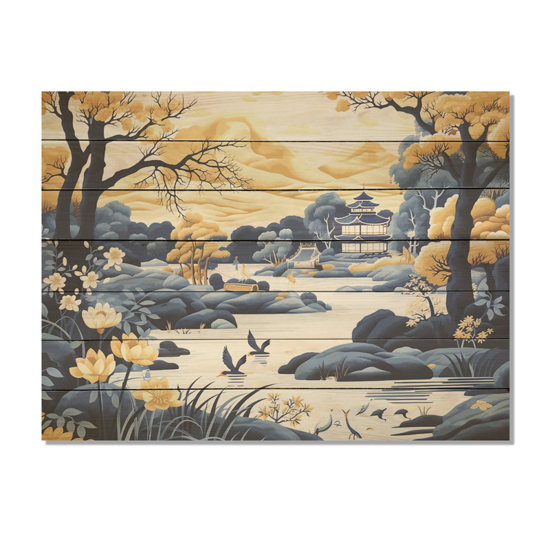 Paysage de Chine bleu et jaune I - Chine sur bois, H 34 po x l 44 po