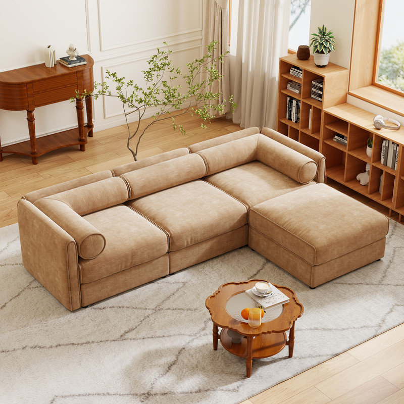 Élégant canapé en chenille de couleur chameau avec siège de rangement et repose-pieds, dossier cylindrique en forme de L et accoudoirs, canapé contemporain en tissu avec compartiment de rangement caché