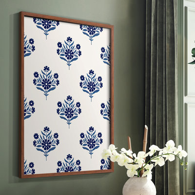 Motif de fleurs indigo I, reproduction encadrée - bois massif