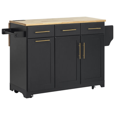 Îlot de cuisine 59,3 po avec rangement 2 armoires coulissantes et rallonge en bois d'hévéa, îlot de cuisine roulant avec rangement pour poubelle, prise de courant, support à épices et à serviettes